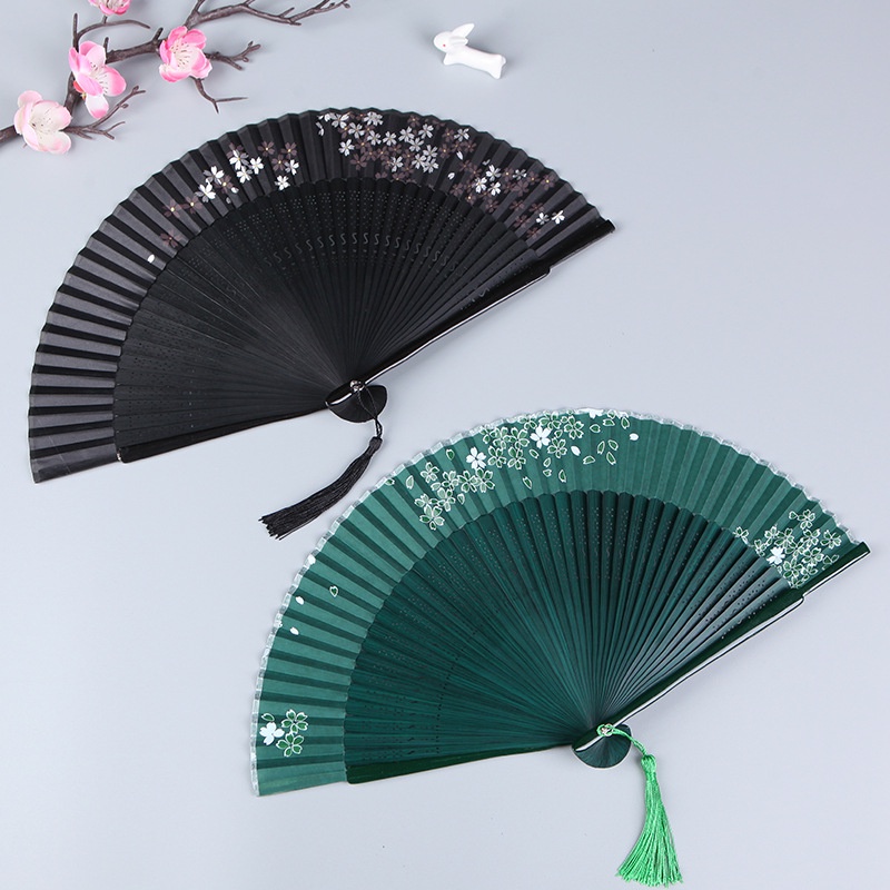 Quạt Gấp Cầm Tay Màu Xanh Lá Phong Cách Trung Hoa Cổ Điển