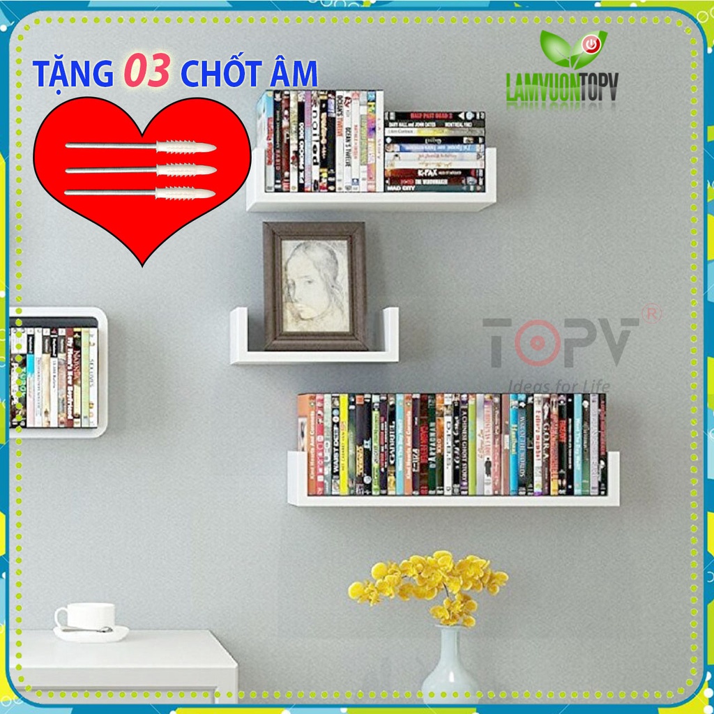 Giá sách treo tường kiêm kệ decor chữ U TopV kệ sách gỗ tủ để đựng đỡ kê vở cho bé nhỏ mini giá rẻ trắng Làm vườn TopV