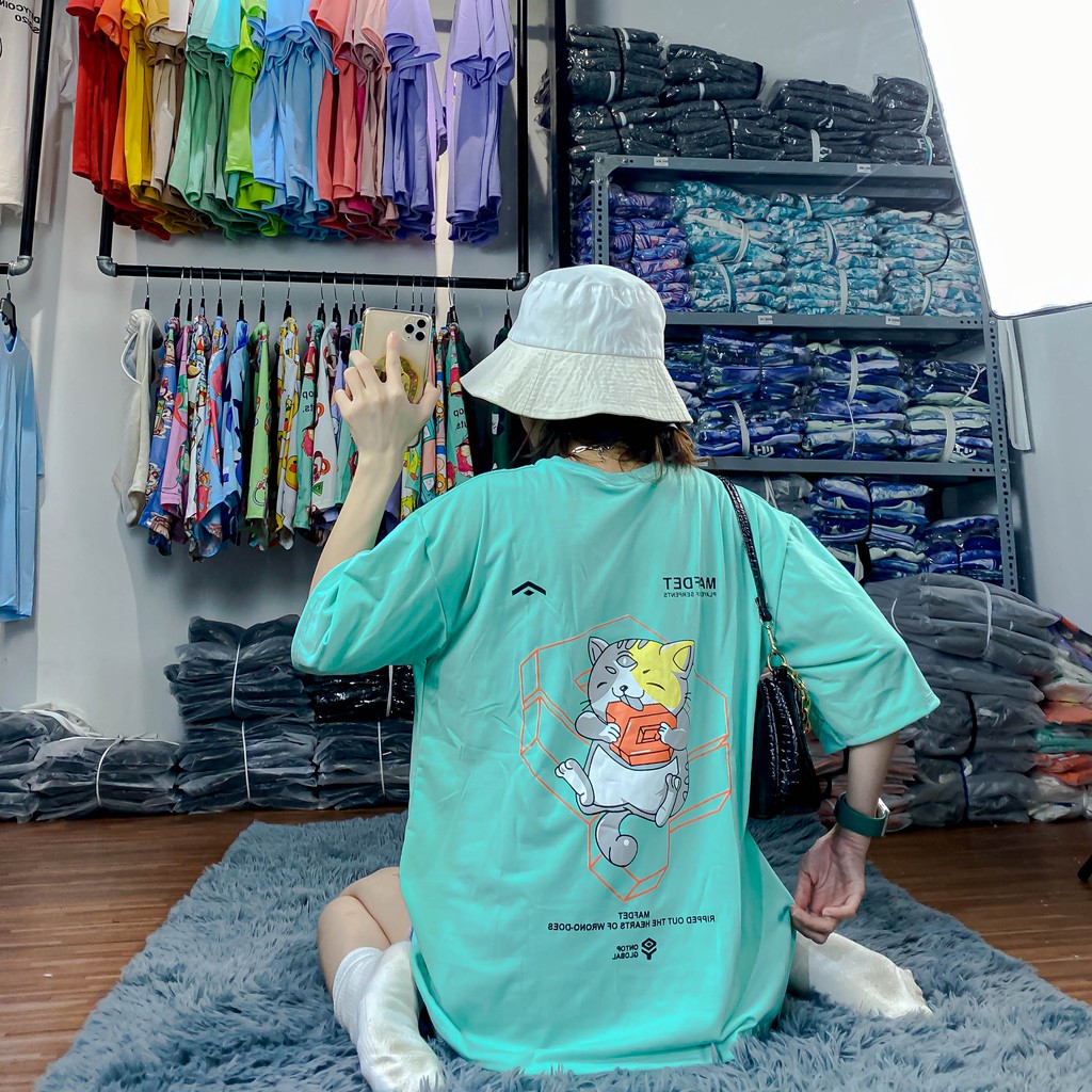 🍀HÀNG ĐẸP🍀 Áo thun Ontop màu cute Mèo cool unisex oversize vải cotton xượt poli co giãn thấm hút tốt A016