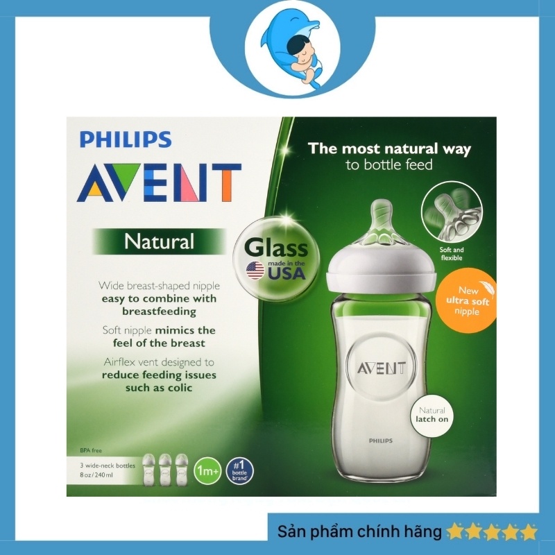 Bình sữa Phillips Avent Natural thủy tinh không BPA chống đầy hơi chống sặc an toàn cho bé 120/240ml