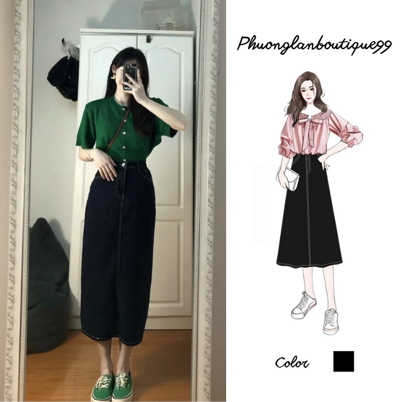 Chân váy 🌸 Váy bò jeans dài qua gối màu đen chỉ nổi có size phong cách Ulzzang Hàn Quốc