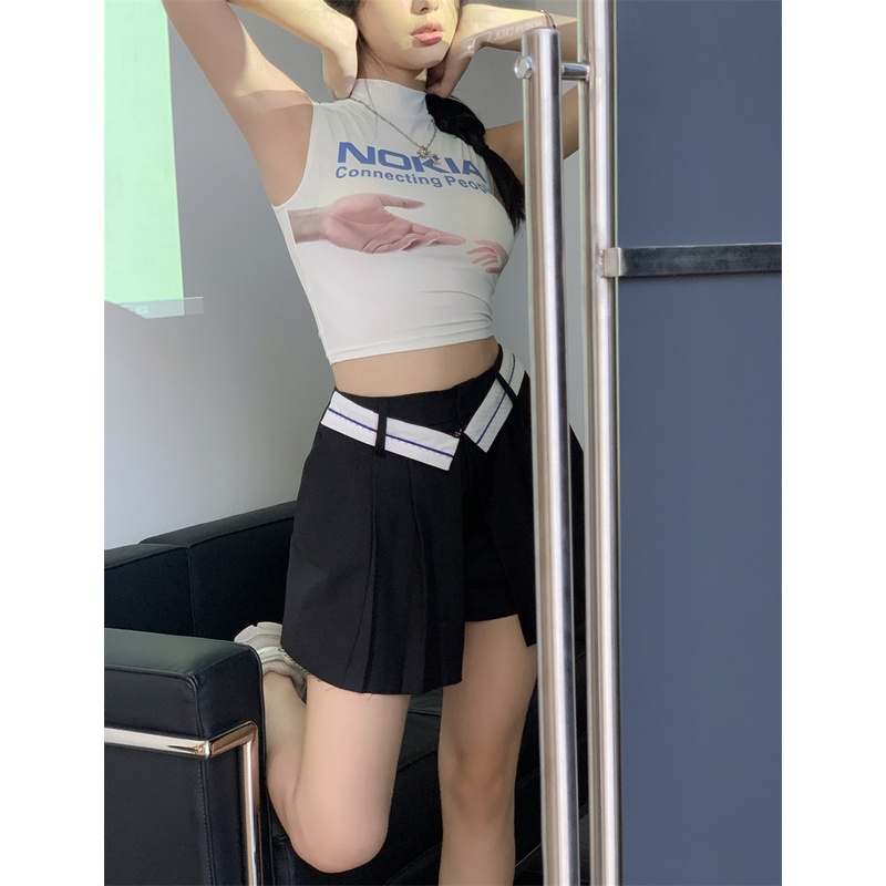 QKOOLE Áo croptop  không tay cổ cao in họa tiết nokia thời trang Hàn Quốc cho nữ