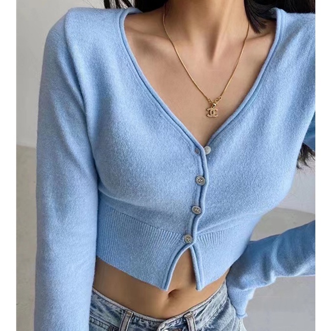 SUXI Áo Dệt Kim Tay Dài Cổ Chữ V Dáng Ôm Phong Cách Vintage Dành Cho Nữ