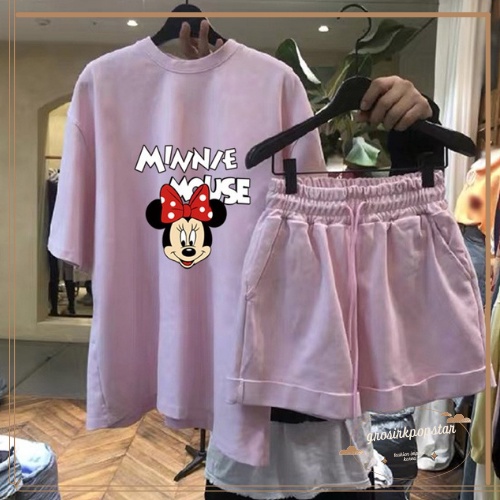 Bộ Áo Sơ Mi Phối Quần Short In Hình Chuột Mickey Kiểu Hàn Quốc Dễ Thương Cho Nữ