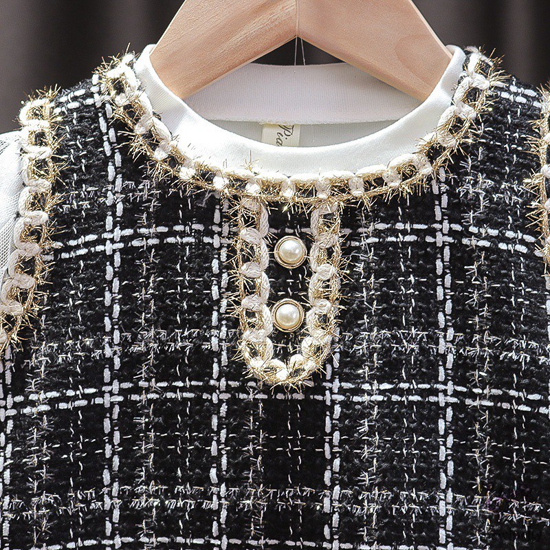 Bộ đầm thiết kế ngọc trai nhân tạo và áo kiểu may ghép lưới thời trang Hàn Quốc dành cho bé gái