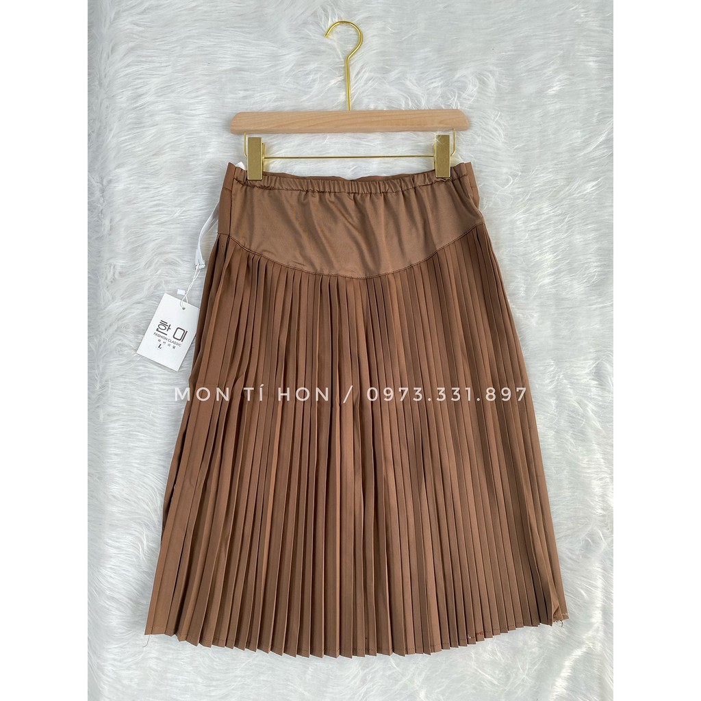 Chân váy bầu dài qua gối dập ly chất chéo Hàn có chun rút điều chỉnh bụng - Màu đen/nâu -  có size 45-75kg