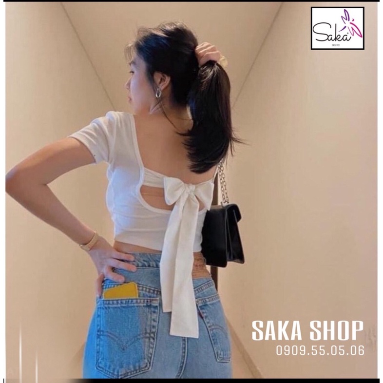 Áo thun nữ croptop tay ngắn buộc dây lưng 2 màu trắng đen