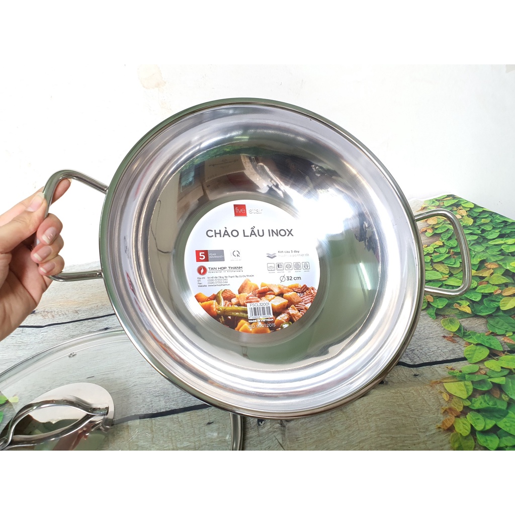 Chảo Lẩu xào sâu lòng 3 đáy inox 430 Fivestar 24-26-28-32cm Đáy từ Vung Kính