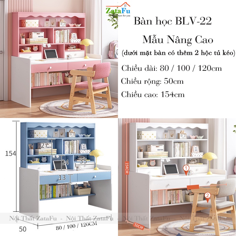 Bạn Học Cho Bé Trai Bé Gái Có Kệ Sách Ván MDF dày 17mm BLV-22 ZataFu