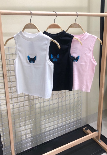 Áo croptop ba lỗ nữ họa tiết thêu bướm ôm body hở lưng A00124