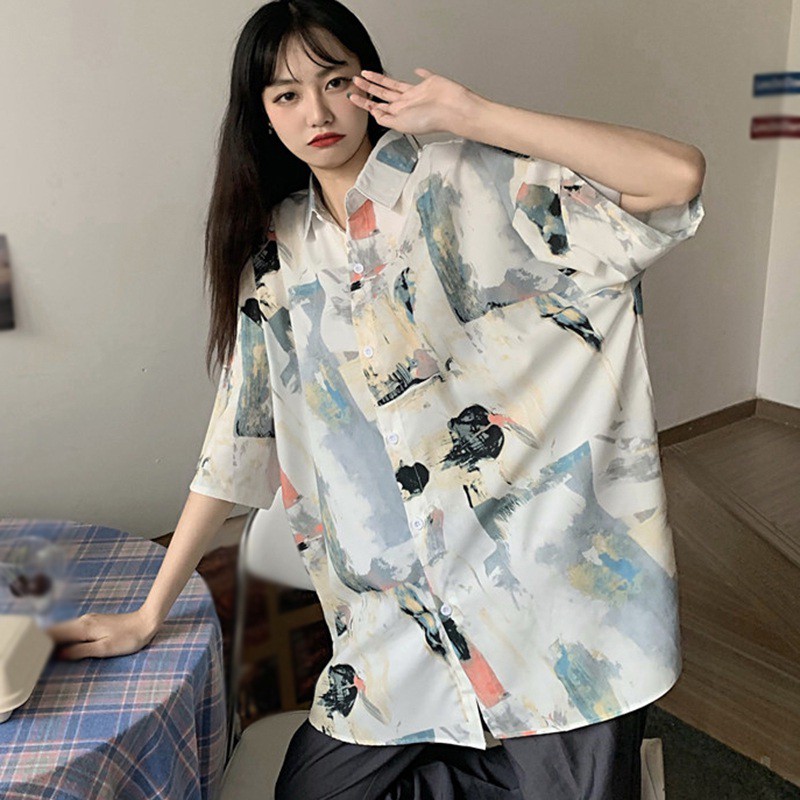 Áo kiểu tay ngắn chất chiffon in họa tiết kiểu rộng thoải mái
