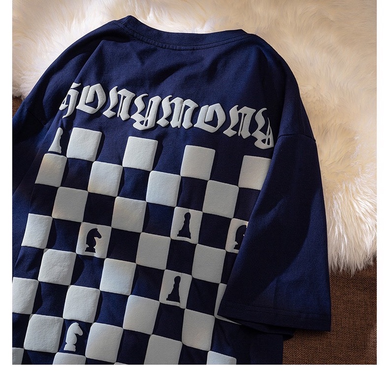 Áo phông nam nữ form rộng 2N Unisex thun cotton in Bàn cờ trắng/xanh/be