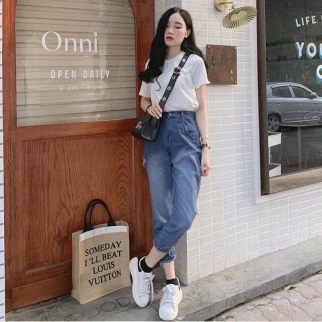 Quần bò baggi nữ SBQN02 xanh bạc rách gối siêu hot