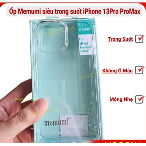 Ốp lưng Nhựa cứng trong suốt iPhone 13/13 Pro/13 Pro Max chính hãng Memumi Chống ố màu
