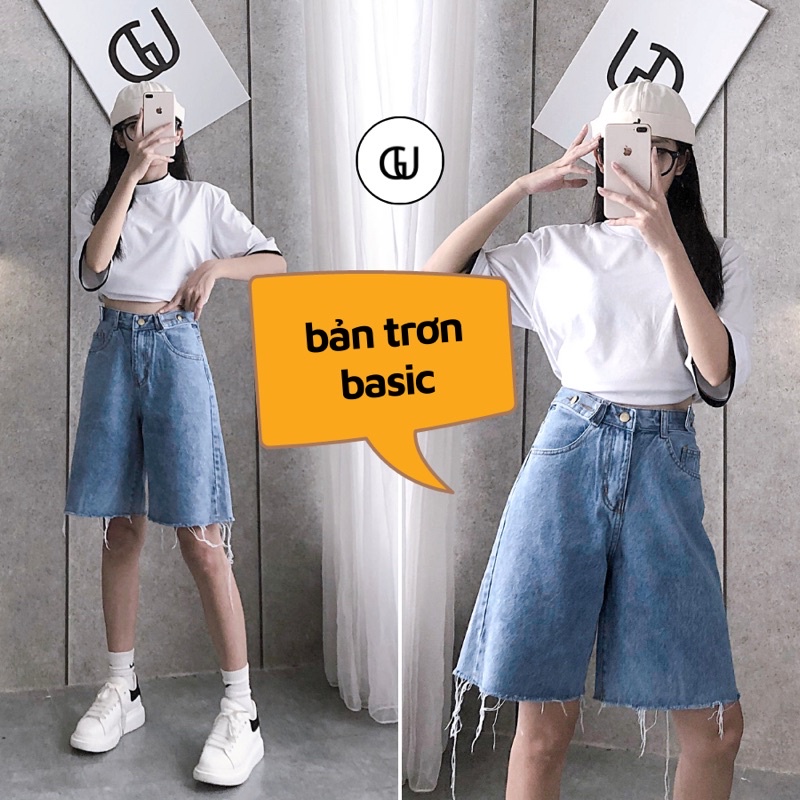 Quần Short Jean Nữ Trơn Cạp Cao Dáng Rộng Chất Quần Bò Dày Dặn Thương Hiệu GUF