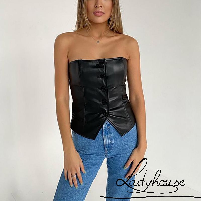 Áo corset da PU không dây cài nút màu trơn thời trang quyến rũ cho nữ
