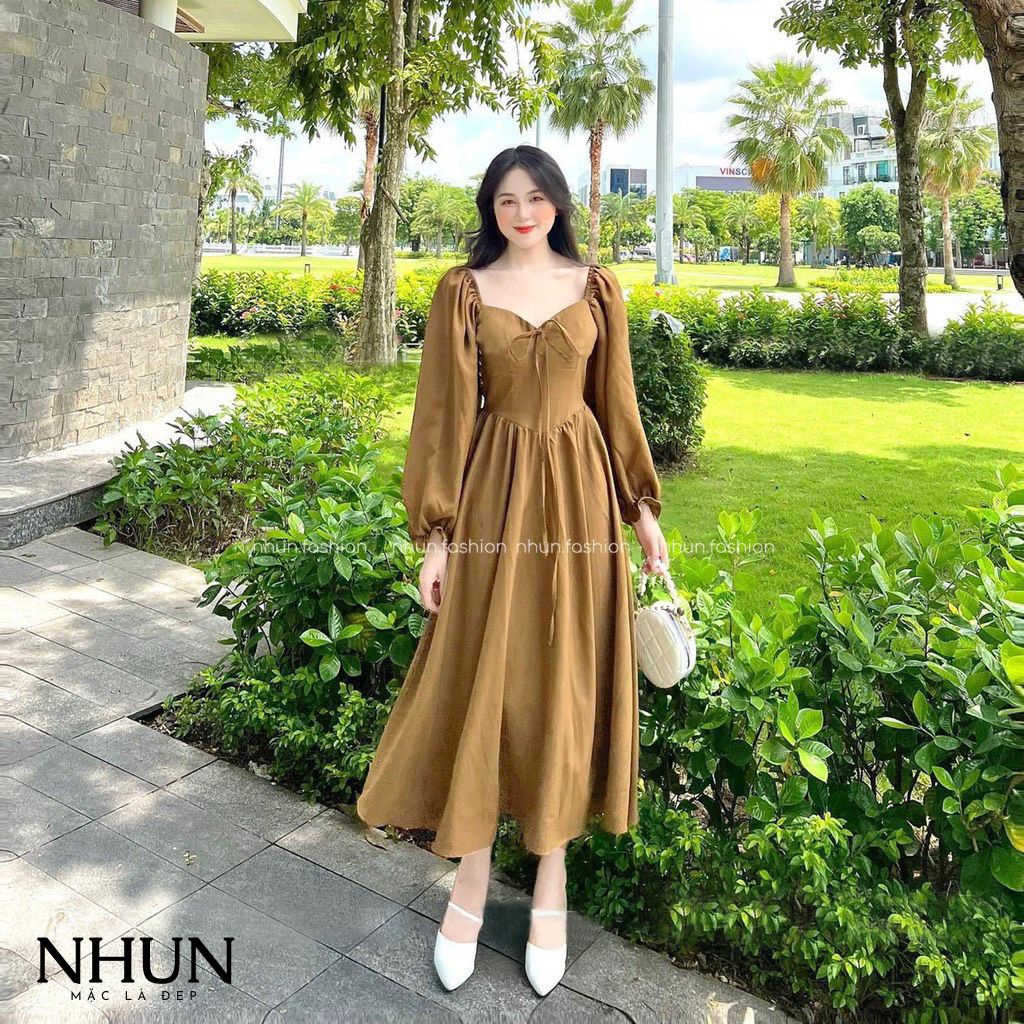Váy thiết kế dáng dài cao cấp NhunFashion Đầm nữ cúp ngực nơ tay bồng tôn dáng tiểu thư thanh lịch N50