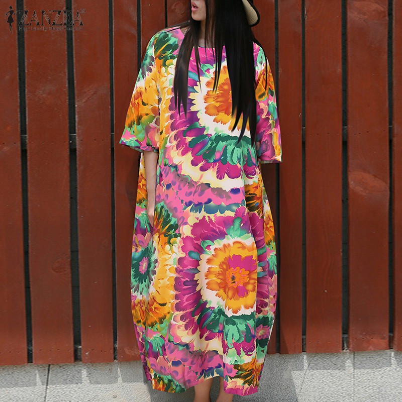 Đầm Maxi ZANZEA Tay Lửng In Họa Tiết Vintage Thời Trang Nữ | BigBuy360 - bigbuy360.vn
