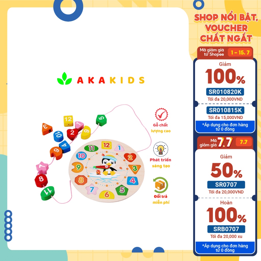 Đồ chơi gỗ Đồng hồ montessori xâu hạt chim cách cụt phát triển kỹ năng cho bé AKA KIDS AKA9