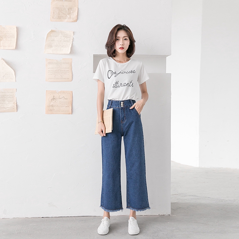 SUXI Quần Jeans Nữ Lưng Cao Ống Rộng Kiểu Hàn Quốc