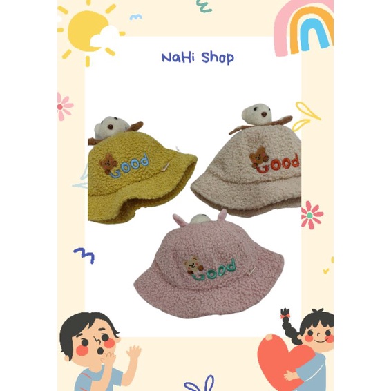 Nón bucket em bé có đính gấu bông vải lông mịn NaHi ngochieu1111