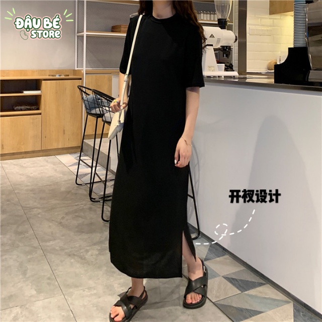 Váy Thun Suông Dáng Dài Màu Trơn Cổ Tròn Ulzzang - Đầm Xuông Nữ Form Rộng Tay Lỡ Thoáng Mát Năng Động - Daube - V002