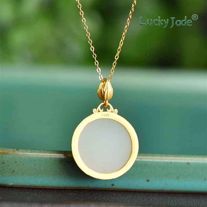 Vòng cổ Bạc Mặt Hình Hoa Sen Đính Ngọc Bích Trắng Phong Cách Trung Quốc