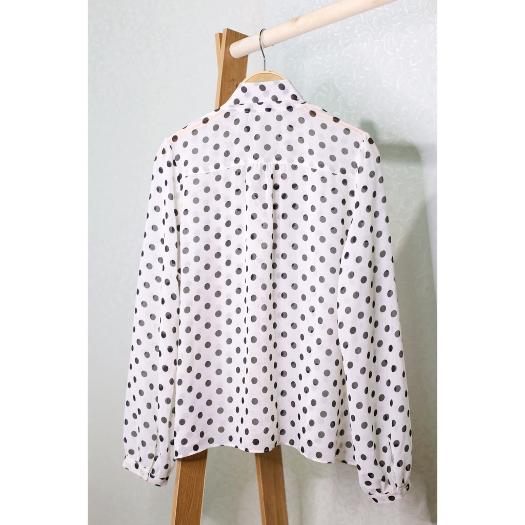 Áo sơ mi vintage Nhật nữ secondhand chấm bi đen trên nền trắng cổ phối nơ