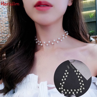 Vòng cổ choker hai lớp đính hạt ngọc trai nhân tạo xinh xắn thời trang dành cho nữ