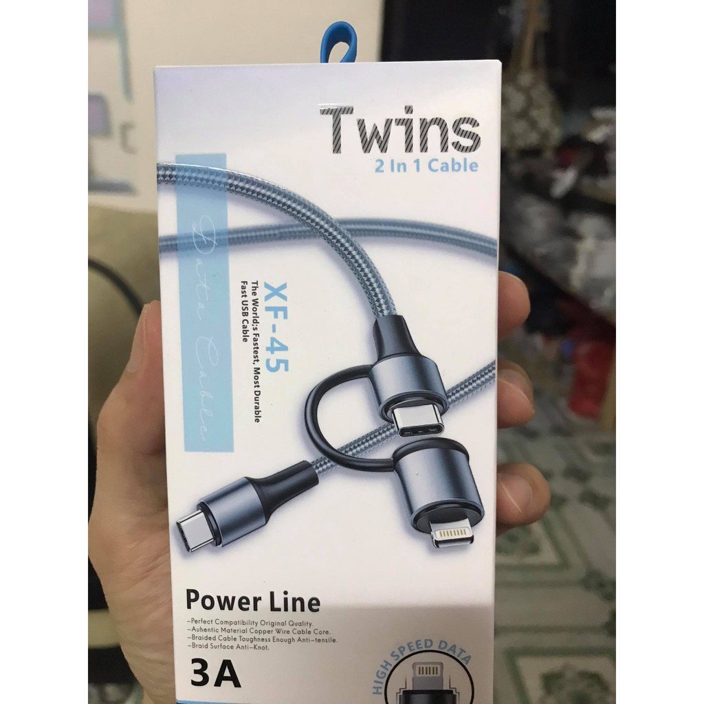 Cáp sạc 2in1 twins PD 18W - Type C ra Type C + Lingtning