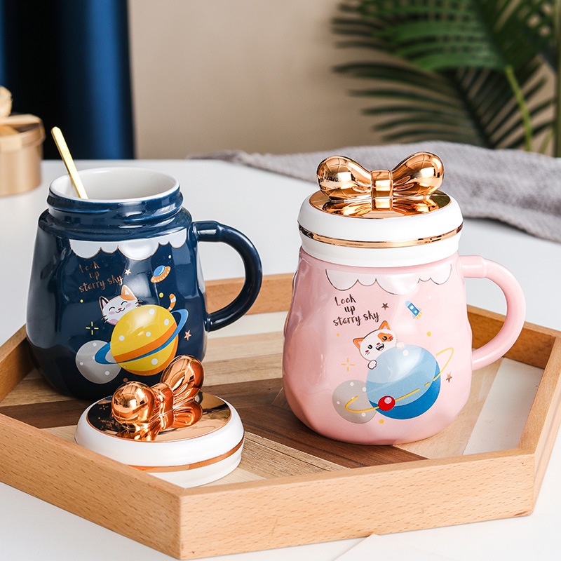 Cốc Uống Nước Bằng Sứ Cỡ Lớn Có Nắp Đậy Kiểu Bắc Âu Sáng Tạo Cốc gốm sứ giữ nhiệt 450ml hình cute Cốc uống trà để bàn làm việc hàng sứ nung cao cấp