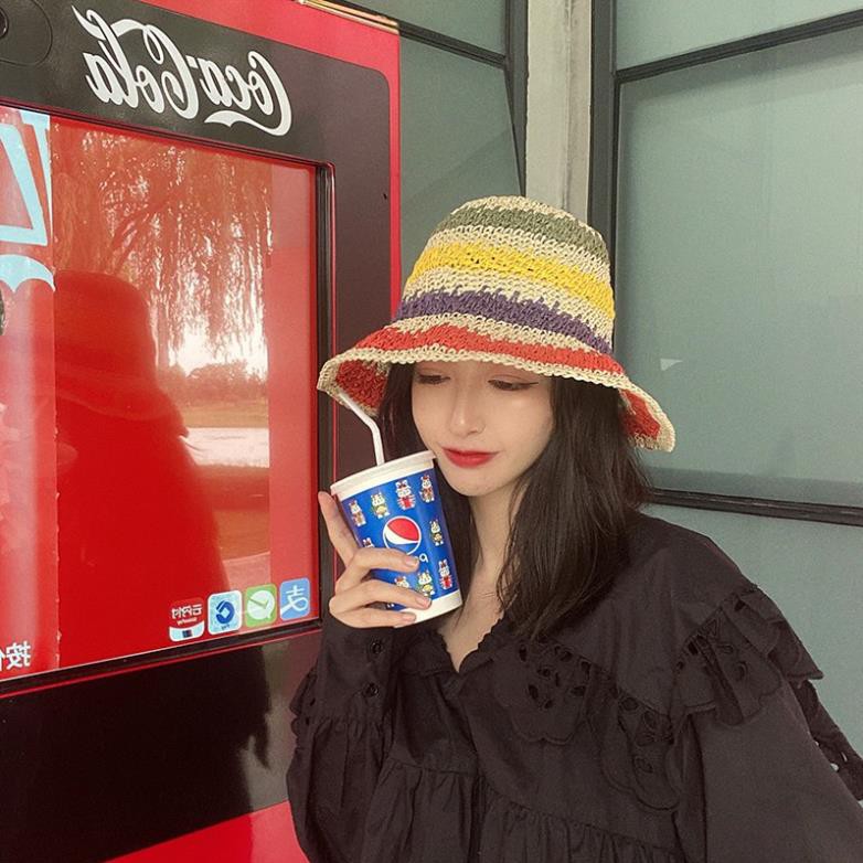 Mũ cói Đi biển Vành rộng Màu sắc Kẻ sọc nhiều màu Phong cách Hyuna Hàn Quốc Mũ cói Đi du lịch Rộng vành Mùa Hè