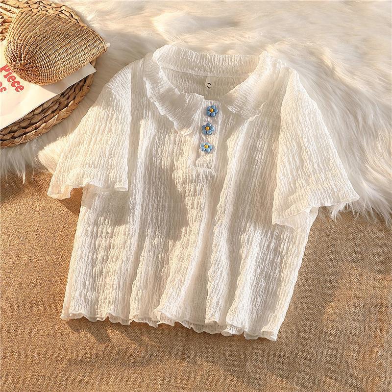 Áo t shirt ngắn tay mùa hè cho nữ cổ polo cúc hoa