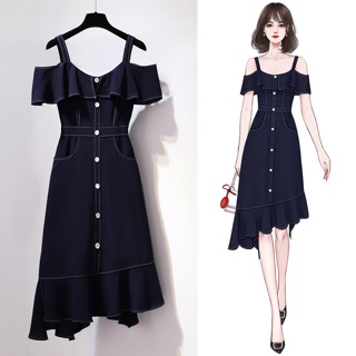 (Order 5-10days) Bigsize M-4XL Đầm xanh hải quân/trắng 2 dây bẹt vai dáng dài đuôi cá lệch chần chỉ