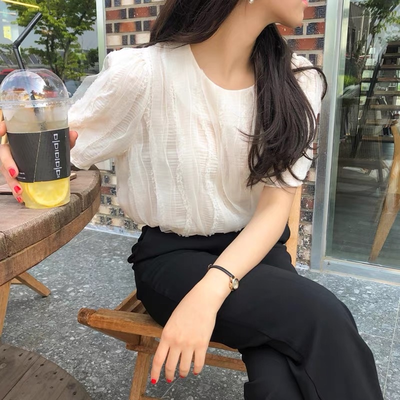 Áo sơ mi voan nổi lượn sóng, áo kiểu voan nữ cổ tròn tay bồng MS647