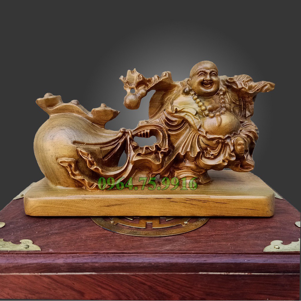 Tượng Phật Di Lặc Kéo Bao Tiền Gỗ Bách Xanh - DL3 ️🔅 Tượng phật di lặc phong thủy