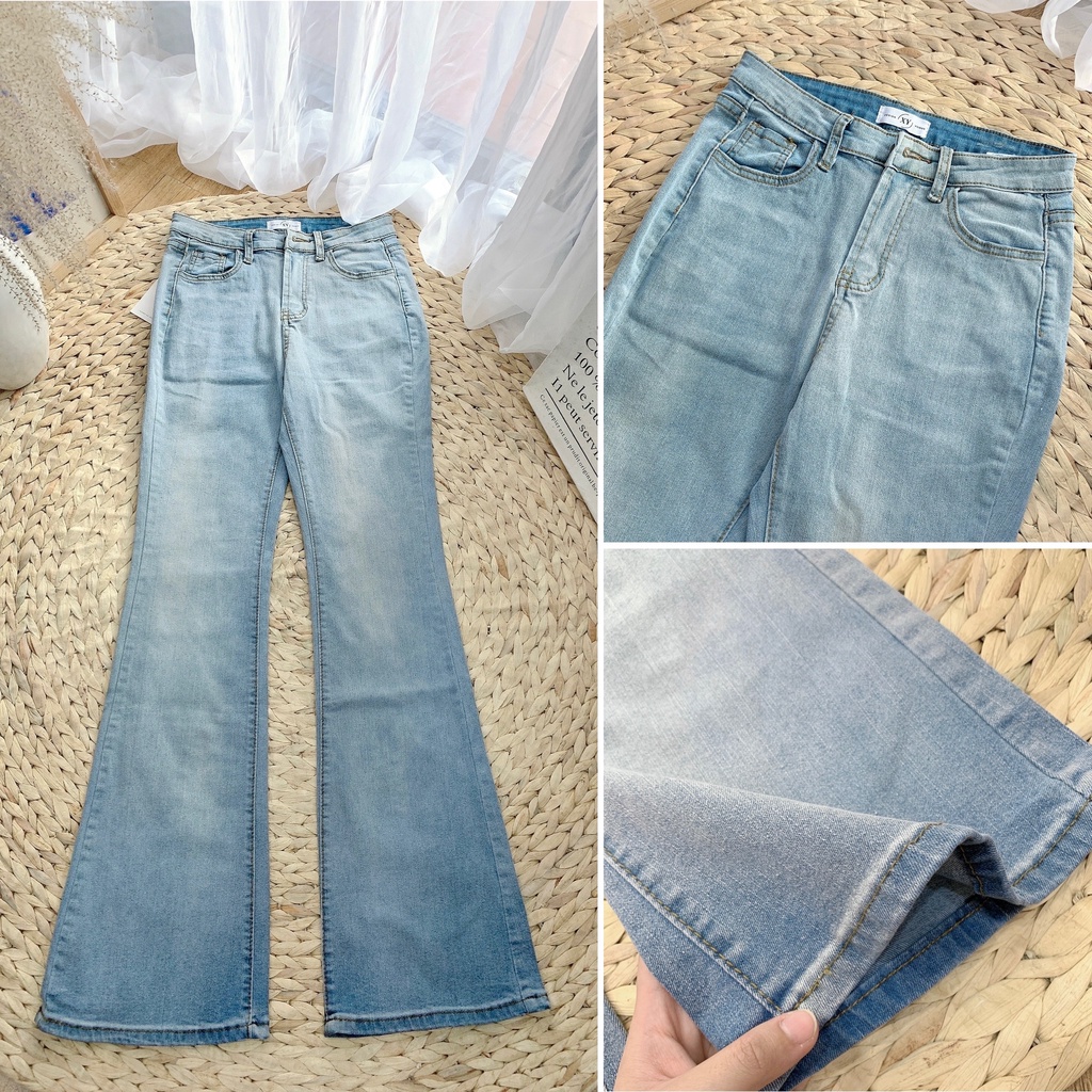 Quần jean ống loe dài lưng cao WANAWEAR quần bò nữ trend siêu tôn dáng hàng QC chất đẹp màu xanh, đen