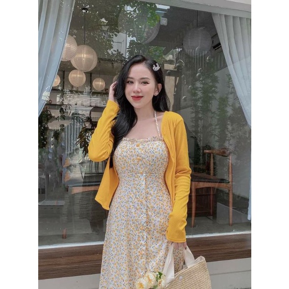 Set đầm hoa nhí vàng kèm áo khoác phong cách ngọt ngào- hàng thiết kế
