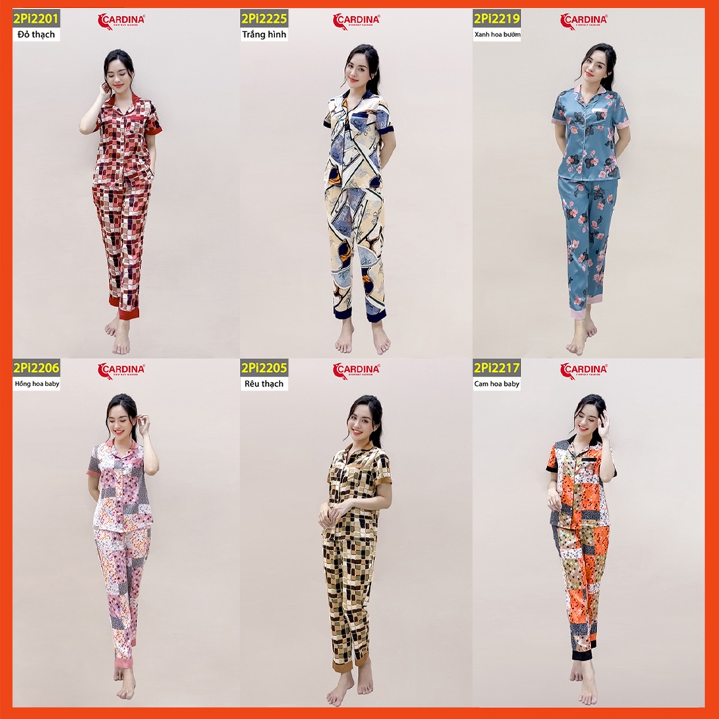 Đồ bộ pijama nữ CARDINA chất lụa satin Nhật cao cấp quần dài áo cộc tay họa tiết tinh tế trẻ trung 2Pi22