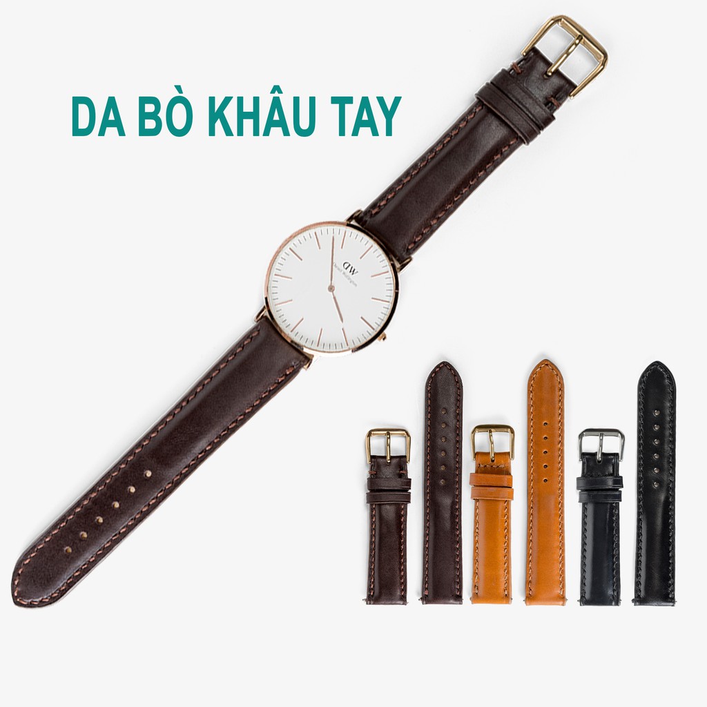 Dây da đồng hồ nam da bò-khâu tay thủ công D101 size 18mm, 20mm, 22mm, 24mm-Bụi leather