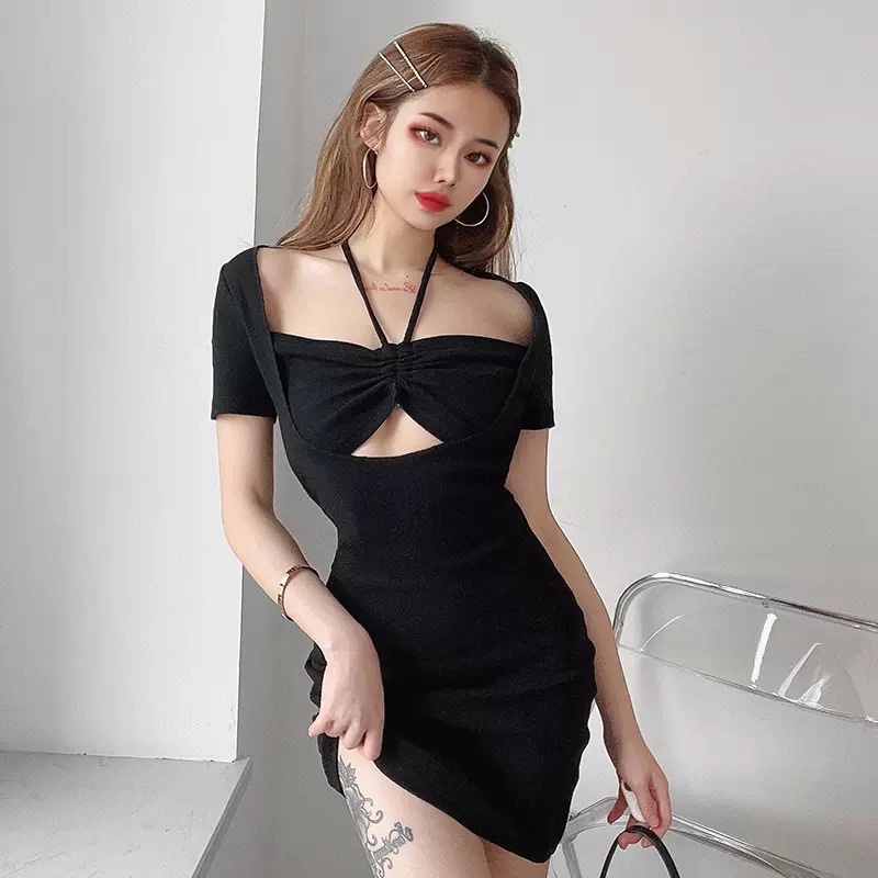 Order váy thun ôm body cổ vuông ngực kiểu dây áo yếm đen tôn dáng (có ảnh thật ở cuối)