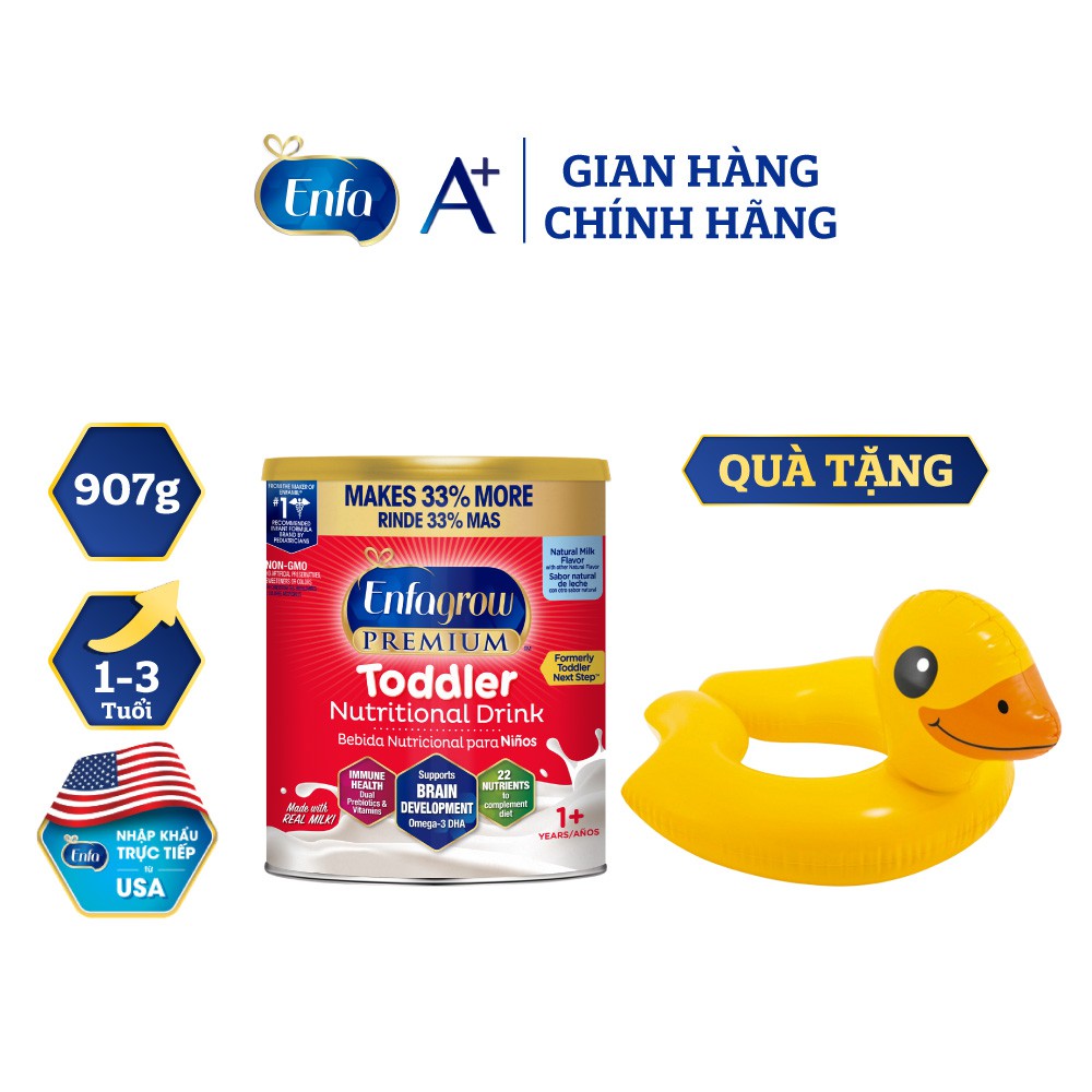 [Tặng Phao Bơi Hình Vịt Cho Bé][Nhập Khẩu Mỹ] Hộp Thức Uống Dinh Dưỡng Enfagrow Premium Toddler Hương Sữa Tự Nhiên- 907g