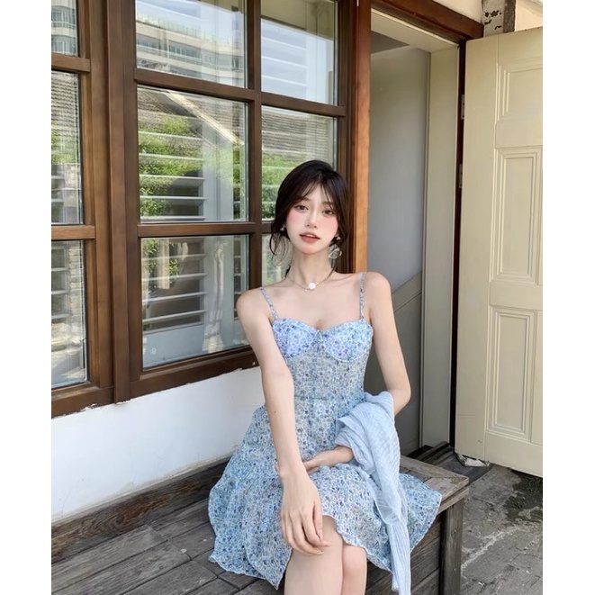 Váy 2 dây hoa nhí màu xanh, đầm hoa nhí 2 dây màu xanh lam