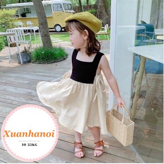 Váy đầm bé gái phối mầu đen thắt nơ eo điệu đà XHN306