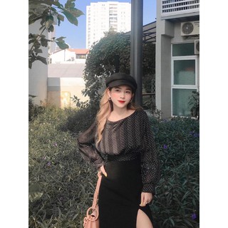 Áo bi nhí nơ lưng+ chân váy xẻ tà