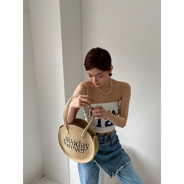 Túi Cói Tròn Thêu Chữ SUNDAY FOREVER Hot 2022