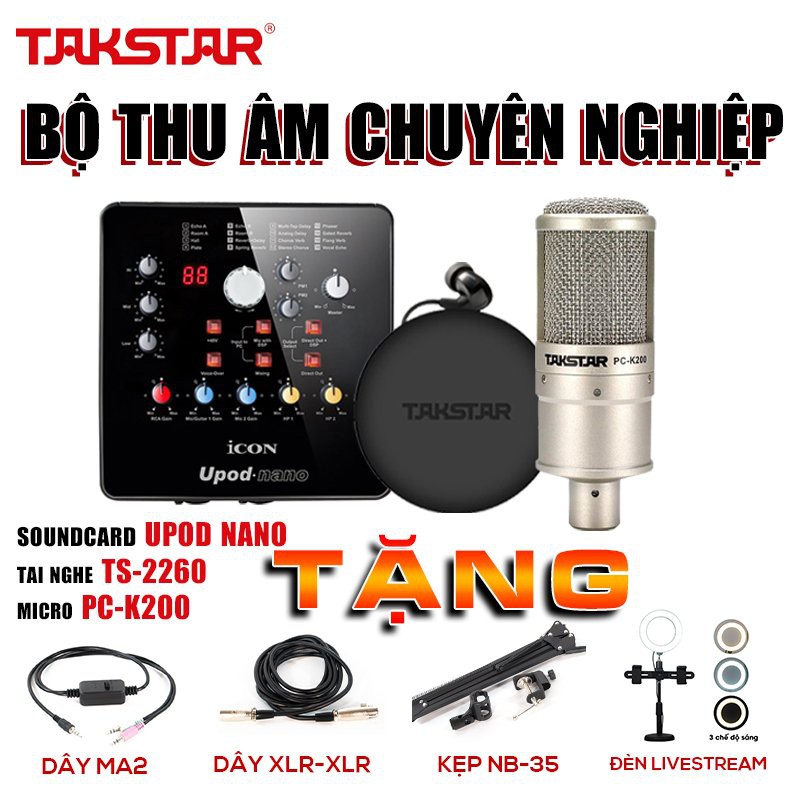 Combo hát karaoke, thu âm, tặng đèn livestream, Sourd card icon upod nano, mic thu âm pck200, tai nghe chuẩn phòng thu