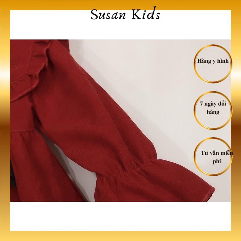 Đầm nhung tăm đỏ hoa lụa dài tay cho bé