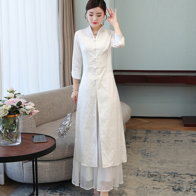 Đầm Dài Bằng Cotton Lanh Họa Tiết Thêu Phong Cách Trung Hoa 20 Cái Cho Nữ