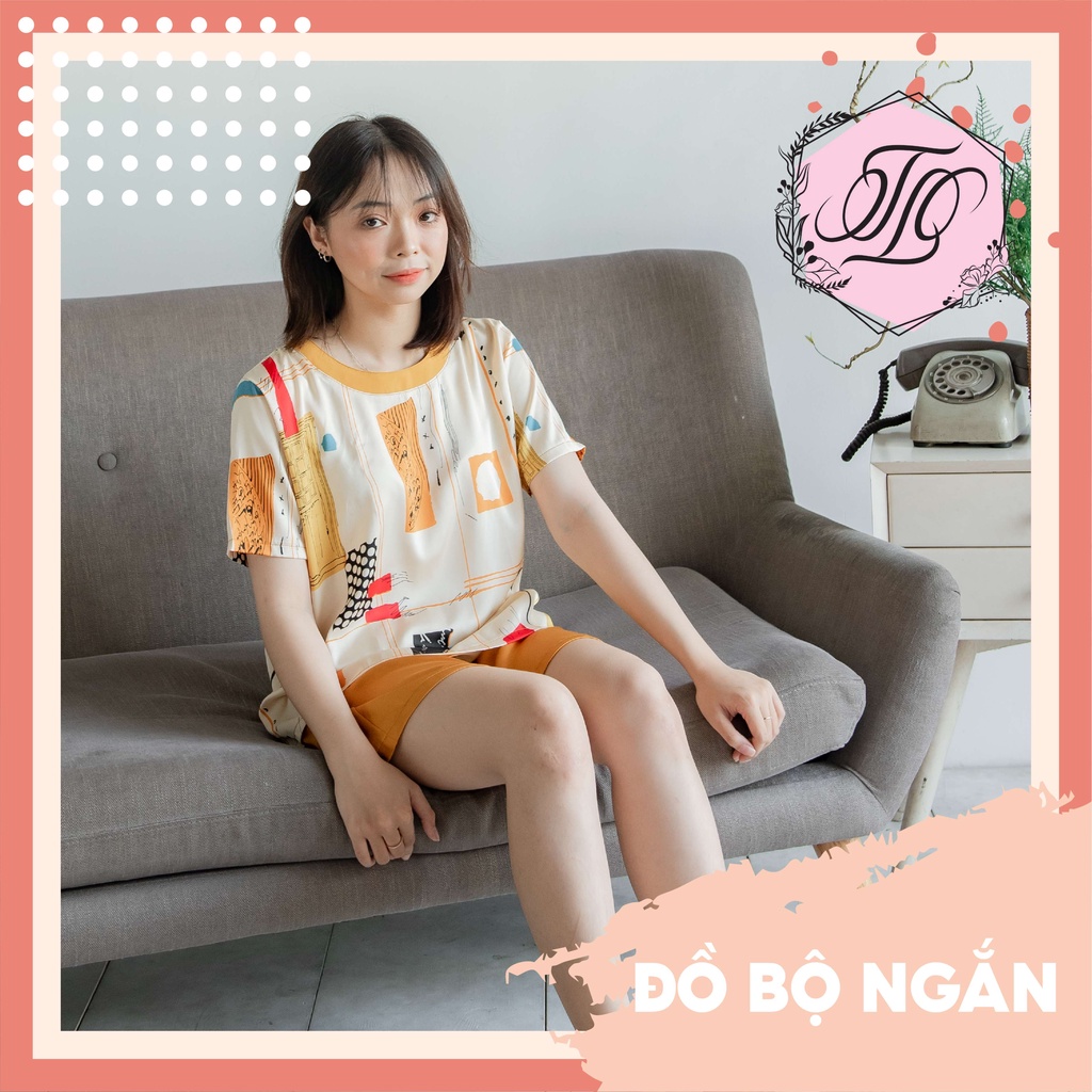 Bộ đồ ngủ lụa Pyjama đùi phối quần màu cam
